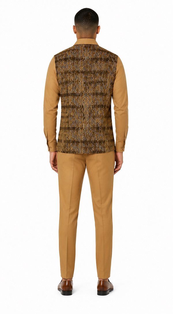 Mens Mocha Geo-Luxe Walking Suit – Patterned Long Sleeve Shirt & Matching Pants Set