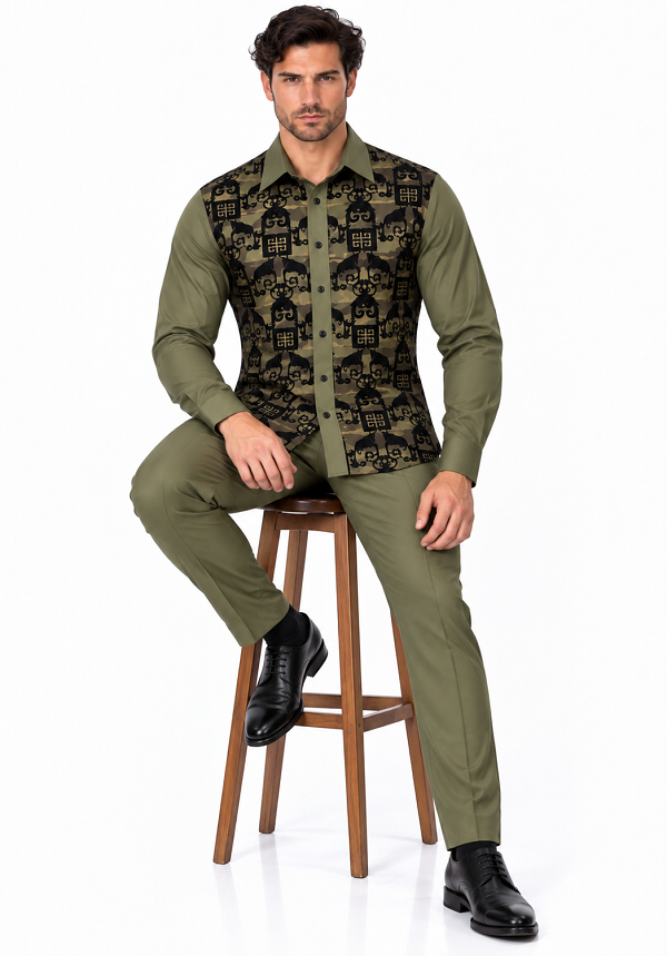 Mens Olive Green & Black Patterned Walking Suit – Long Sleeve Shirt & Matching Pants Set