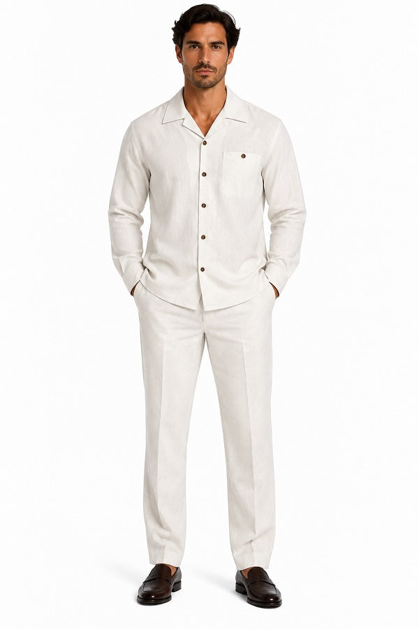 Mens Off-White Casual Dressy Walking Suit – Long-Sleeve Shirt & Matching Pants