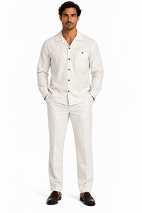 Mens Off-White Casual Dressy Walking Suit – Long-Sleeve Shirt & Matching Pants