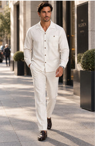 Mens Off-White Casual Dressy Walking Suit – Long-Sleeve Shirt & Matching Pants
