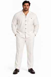 Mens Off-White Casual Dressy Walking Suit – Long-Sleeve Shirt & Matching Pants