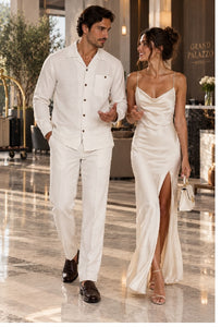 Mens Off-White Casual Dressy Walking Suit – Long-Sleeve Shirt & Matching Pants
