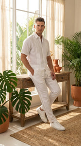 Mens White Embroidered Walking Suit Set – Short Sleeve Shirt and Pants Casual Summer Outfit for Vacation, Beach and Everyday Wear