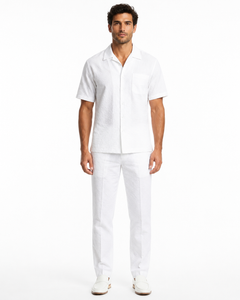 Mens White Seersucker Walking Suit Set – Casual Summer Short Sleeve Outfit with Matching Pants Lightweight Two Piece Set