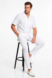 Mens White Seersucker Walking Suit Set – Casual Summer Short Sleeve Outfit with Matching Pants Lightweight Two Piece Set