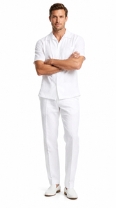 Mens White Seersucker Walking Suit Set – Casual Summer Short Sleeve Outfit with Matching Pants Lightweight Two Piece Set