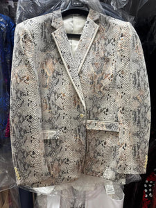 Men’s White Snake Print Blazer – Exotic Slim Fit Party and Fashion Jacket - Alligator crocodile print