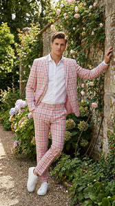 Mens Pink and Black Plaid Designer Suit Set – Stylish Suit with Check Pattern Jacket and Windownpane Summer Color