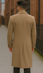 Men's Wool And Cashmere Double Breasted Long Overcoat Beige ~ Camel Three Quarter Winter Men's Topcoat Sale