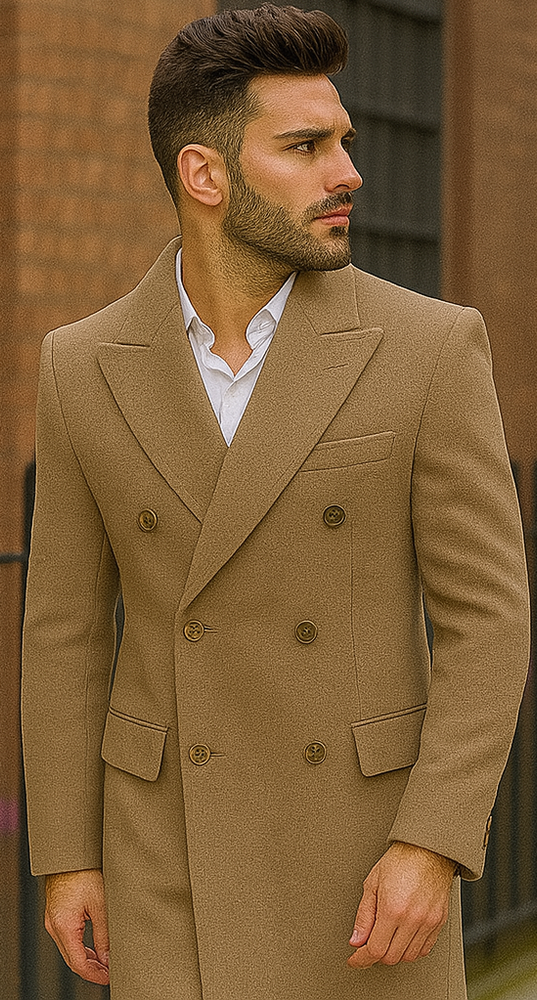 Men's Wool And Cashmere Double Breasted Long Overcoat Beige ~ Camel Three Quarter Winter Men's Topcoat Sale