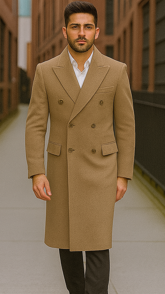 Men's Wool And Cashmere Double Breasted Long Overcoat Beige ~ Camel Three Quarter Winter Men's Topcoat Sale