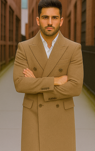 Men's Wool And Cashmere Double Breasted Long Overcoat Beige ~ Camel Three Quarter Winter Men's Topcoat Sale