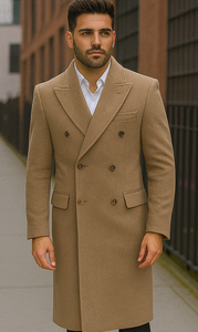 Men's Wool And Cashmere Double Breasted Long Overcoat Beige ~ Camel Three Quarter Winter Men's Topcoat Sale