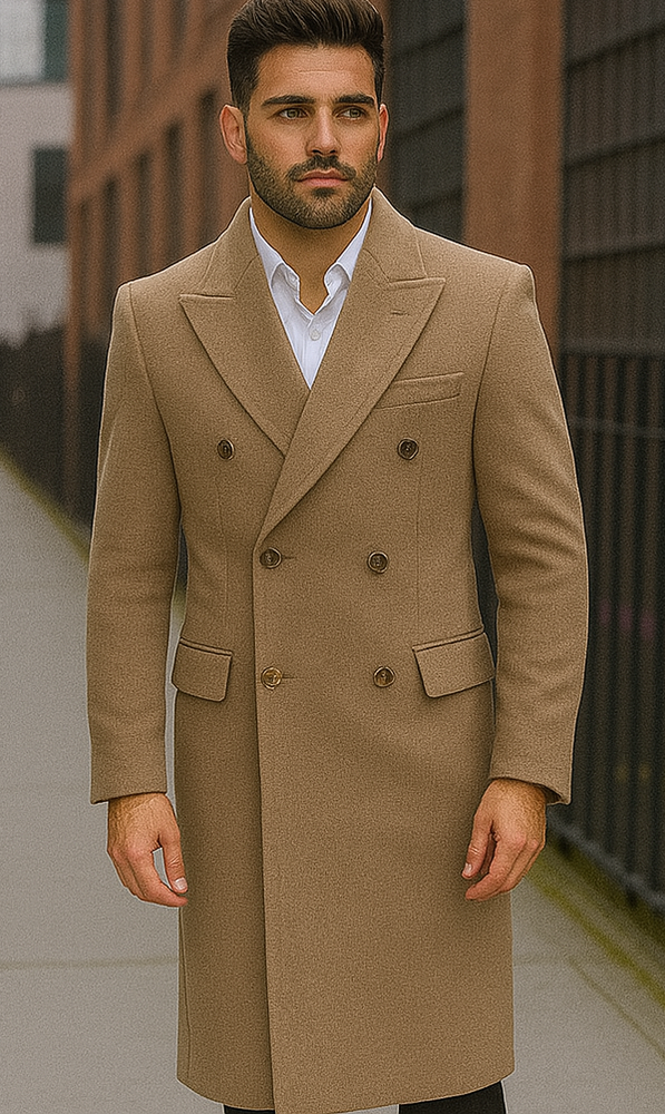 Men's Wool And Cashmere Double Breasted Long Overcoat Beige ~ Camel Three Quarter Winter Men's Topcoat Sale