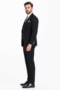 Men's Black Statement Ticket Pocket Peak Lapel Wool Double Breasted Vest Suit with Silver Buttons – Modern Fit
