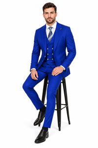 Men's Royal Blue Statement Ticket Pocket Peak Lapel Wool Double Breasted Vest Suit with Silver Buttons – Modern Fit