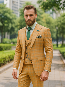 Luxury Yellow Plaid Three-Piece Suit – Modern Groom Wear