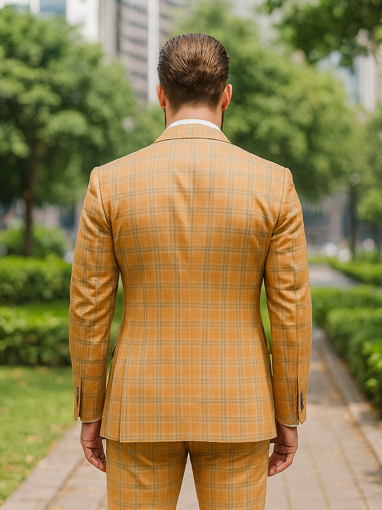 Luxury Yellow Plaid Three-Piece Suit – Modern Groom Wear