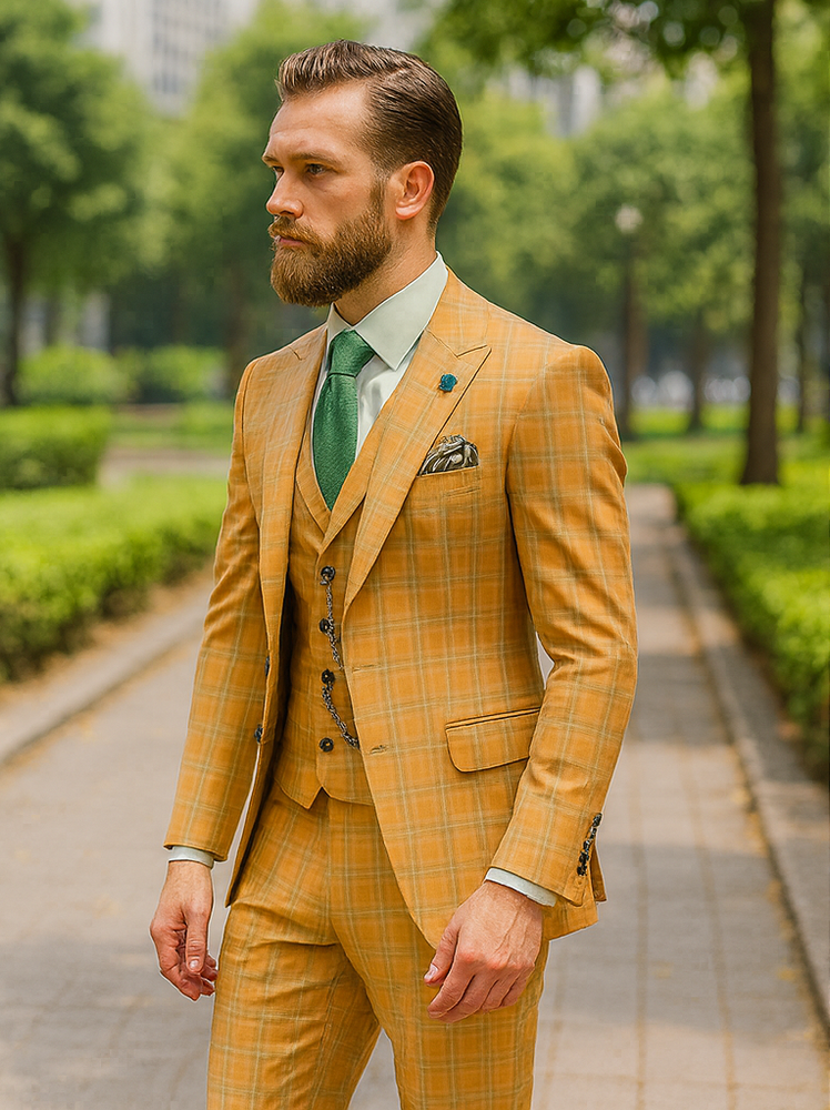 Luxury Yellow Plaid Three-Piece Suit – Modern Groom Wear