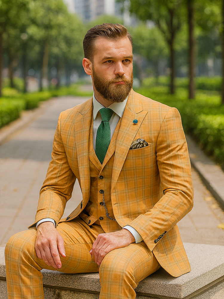 Luxury Yellow Plaid Three-Piece Suit – Modern Groom Wear