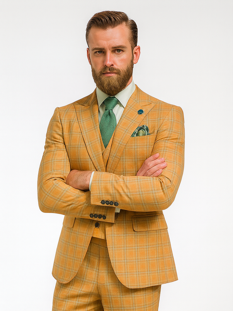 Luxury Yellow Plaid Three-Piece Suit – Modern Groom Wear