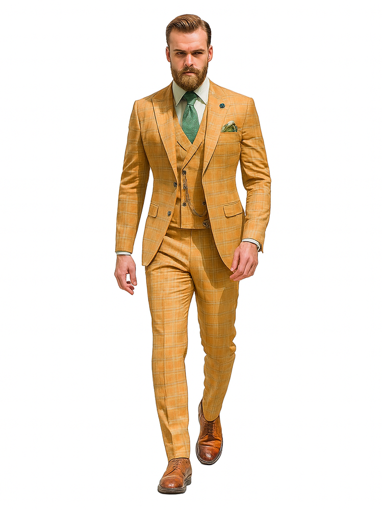 Luxury Yellow Plaid Three-Piece Suit – Modern Groom Wear