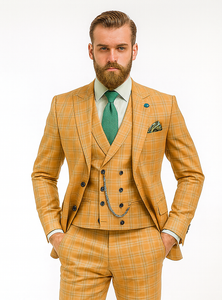 Luxury Yellow Plaid Three-Piece Suit – Modern Groom Wear