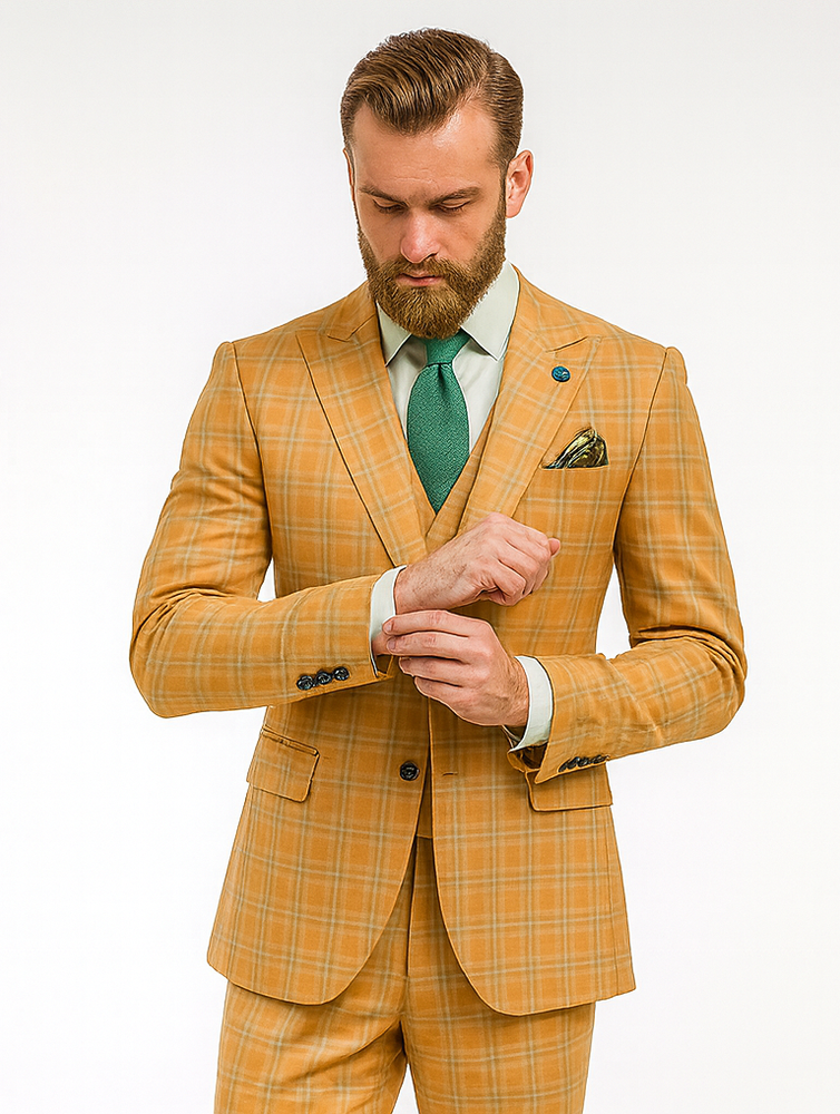 Luxury Yellow Plaid Three-Piece Suit – Modern Groom Wear