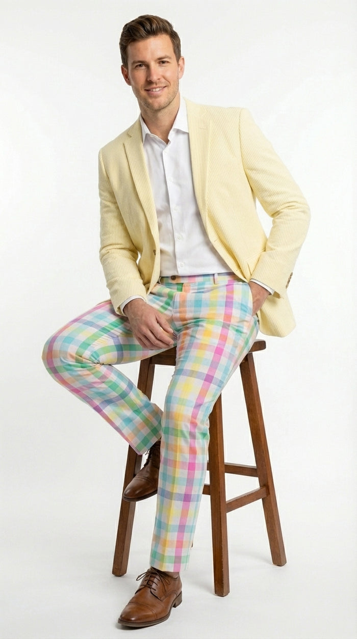 Mens Yellow Seersucker Blazer – Lightweight Summer Sport Coat Formal Casual Wedding Party Jacket