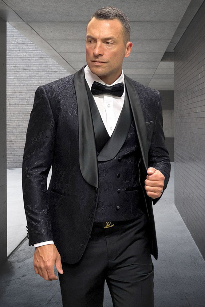 Luxury Black Floral Lace 3-Piece Tuxedo for Men – Perfect Wedding Suit