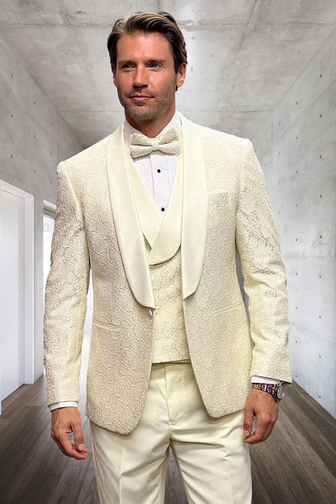 Elegant Ivory Wedding Tuxedo for Men – Designer Floral Lace Vested Style