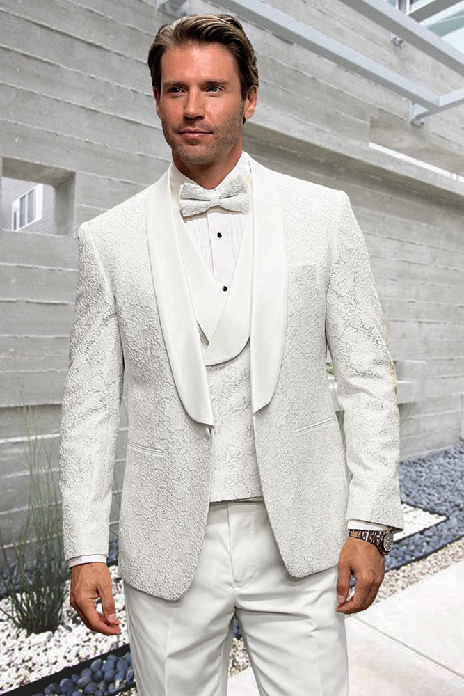 Elegant White Wedding Tuxedo for Men – Designer Floral Lace Vested Style