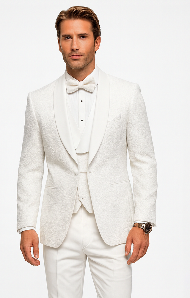 Elegant White Wedding Tuxedo for Men – Designer Floral Lace Vested Style