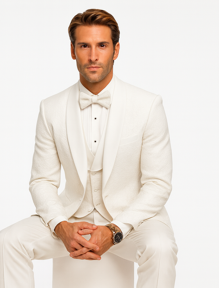 Elegant White Wedding Tuxedo for Men – Designer Floral Lace Vested Style