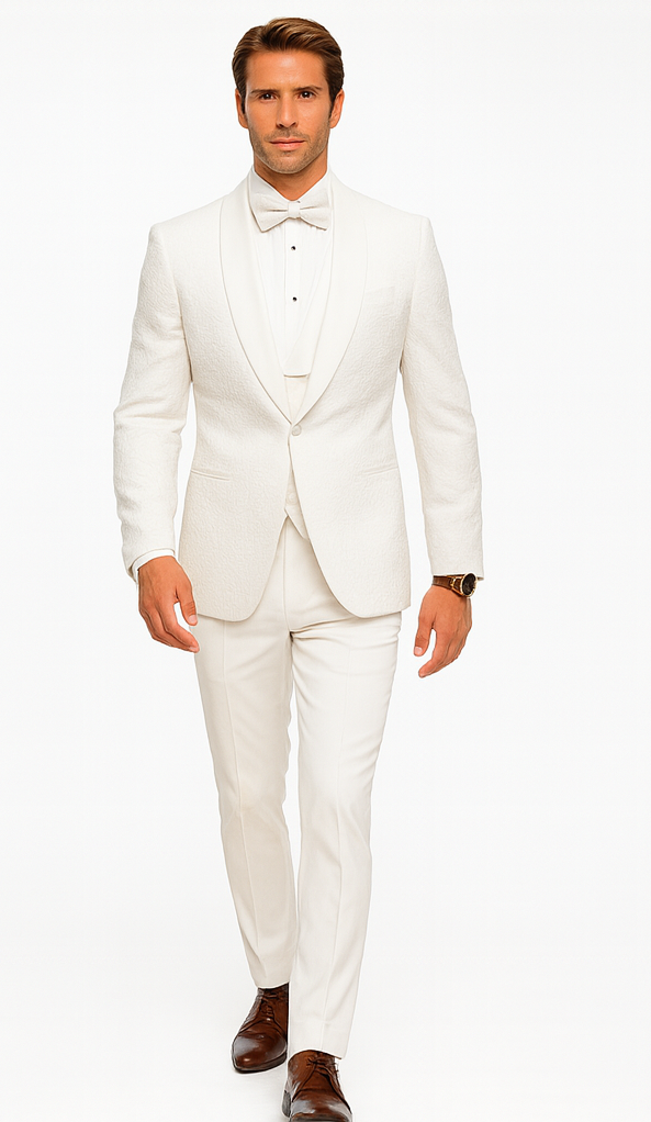 Elegant White Wedding Tuxedo for Men – Designer Floral Lace Vested Style