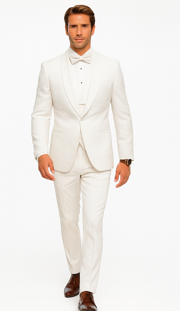Elegant White Wedding Tuxedo for Men – Designer Floral Lace Vested Style