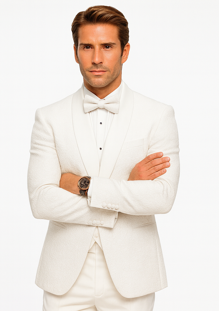 Elegant White Wedding Tuxedo for Men – Designer Floral Lace Vested Style