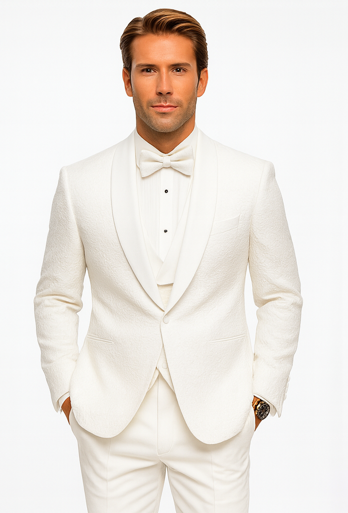 Elegant White Wedding Tuxedo for Men – Designer Floral Lace Vested Style