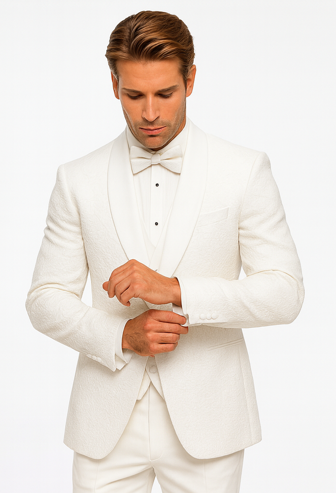 Elegant White Wedding Tuxedo for Men – Designer Floral Lace Vested Style