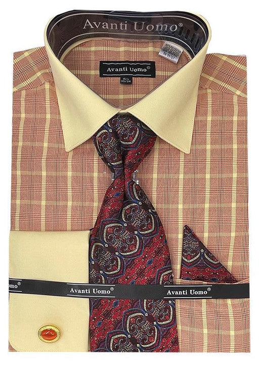 Menswear 

"Daniel Ellissa" Mens Red Dress Shirt Set w/ Tonal Check Print & Contrast Collar French Cuffs - USA Men's Outlet