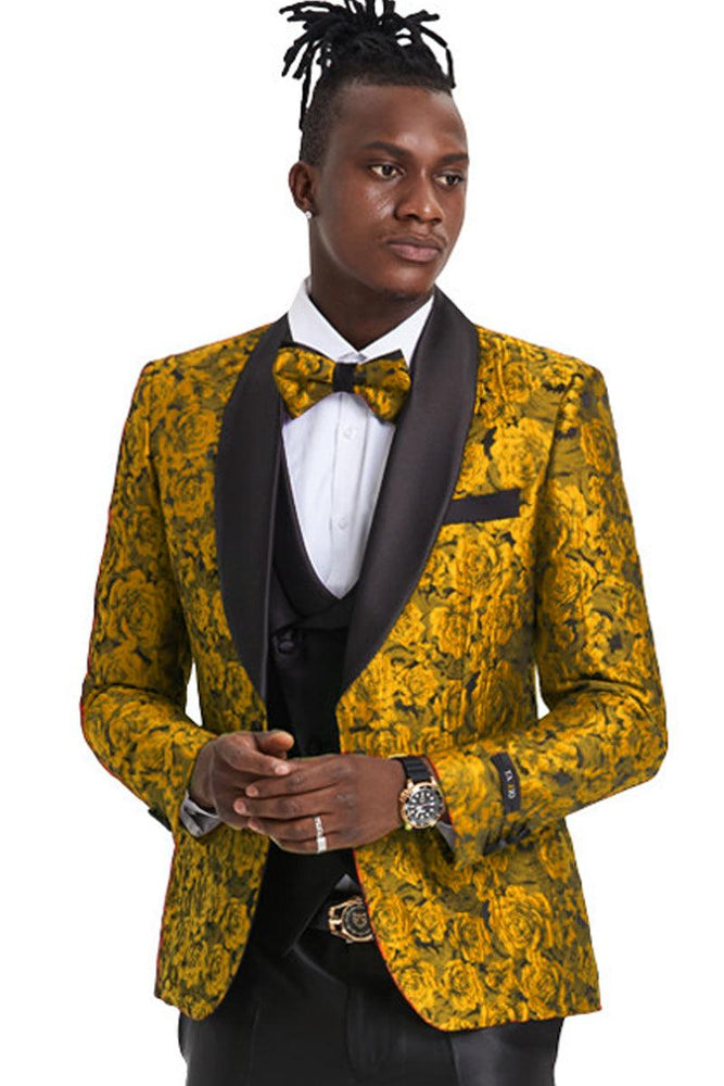 Menswear 

"Tazio Men's Luxe Gold One-Button Paisley Vested Tuxedo: Slim Fit & Shiny." - USA Men's Outlet