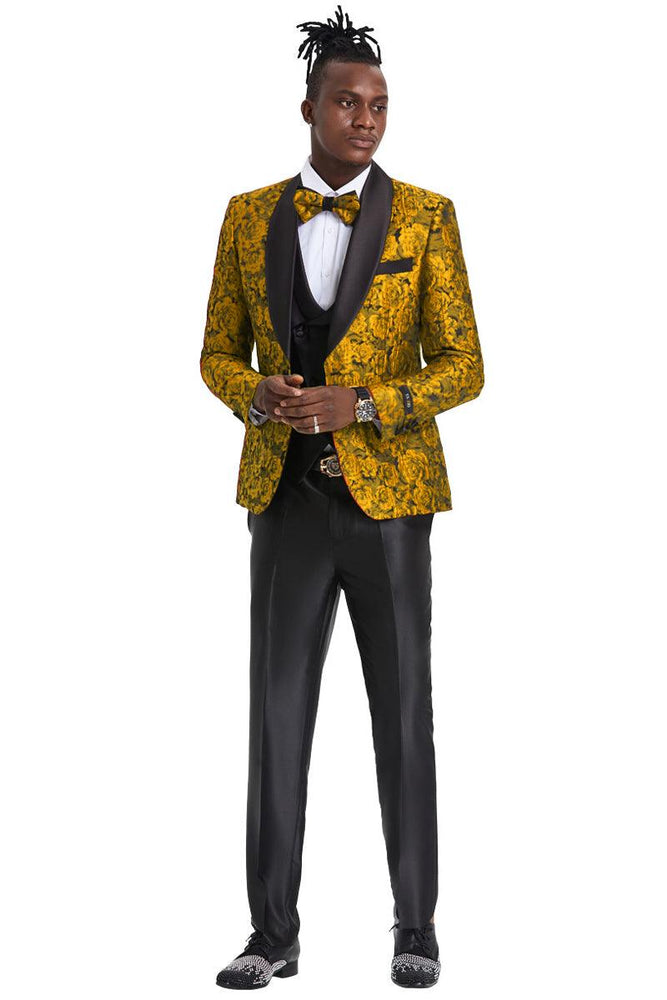 Menswear 

"Tazio Men's Luxe Gold One-Button Paisley Vested Tuxedo: Slim Fit & Shiny." - USA Men's Outlet