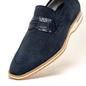 Zelli Meo 3 Suede Penny Loafers with Crocodile Accent in Navy