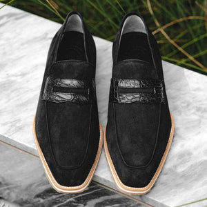 Zelli Meo 3 Suede and Crocodile Penny Loafers in Black