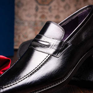 Zelli Meo Hand-Burnished Calfskin Loafers with Embossed Vamp in Black