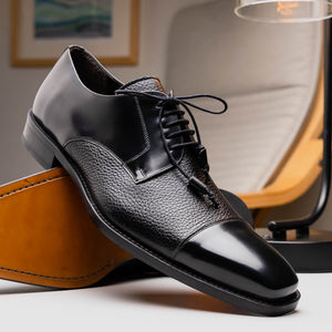Mezlan Soka Calfskin & Deerskin Cap Toe Shoes Black (15089)