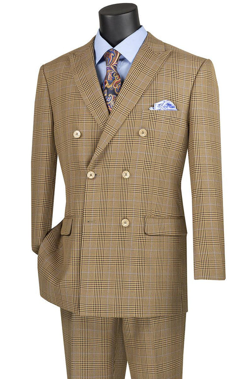 "Mocha Light Brown Men's Double-Breasted Windowpane Plaid Suit by Vinci" - USA Men's Outlet