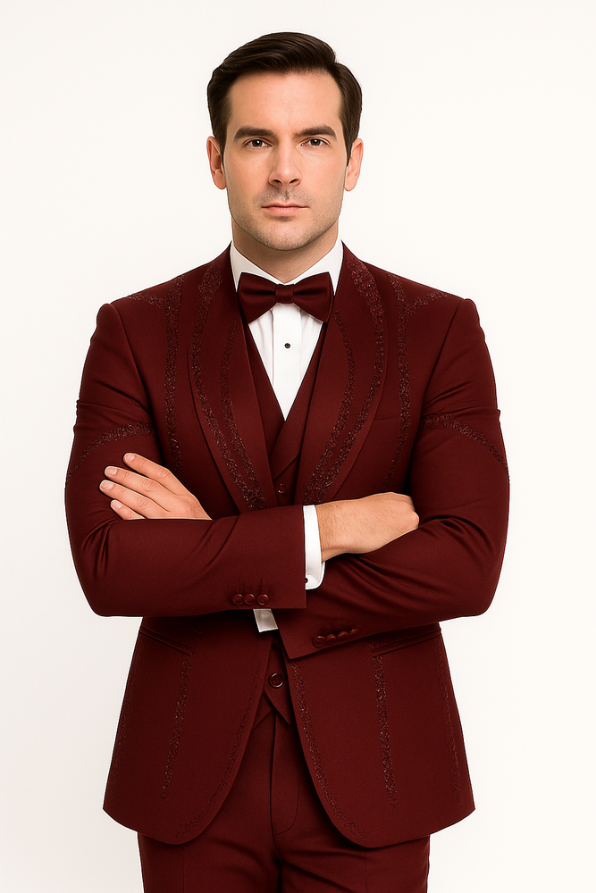 Men’s Burgundy Italian Wool 3-Piece Modern Formal Tuxedo