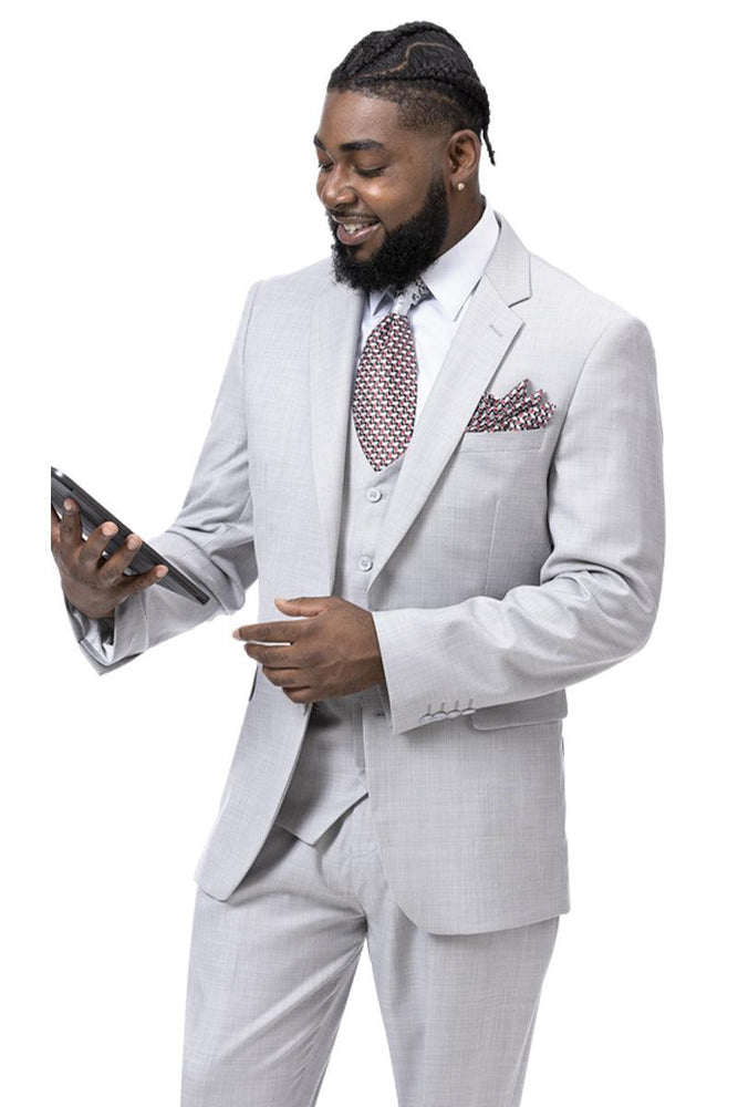 "Modern Fit Sharkskin Business Suit by EJ Samuel: Light Grey, 2-Button Vest" - USA Men's Outlet